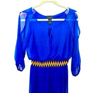 Boho Chic Sheer Blue Dress w Colorful Zigzag Waistband